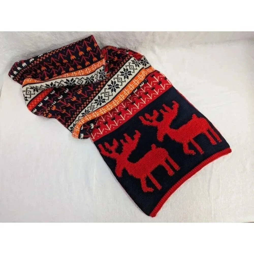 Nordic Moose knit scarf, red blue orange, winter warm, unisex, O15 - Picture 2 of 4